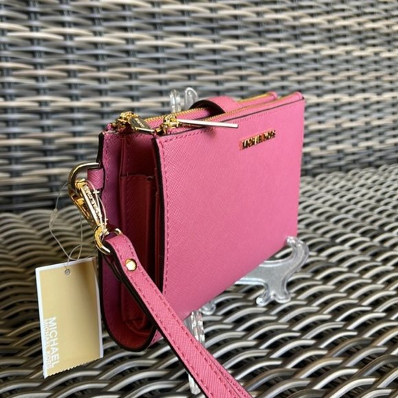 Michael Kors Jet Set Travel Large Double Zip Wristlet Wallet Rosewood Leather - Picture 4 of 16